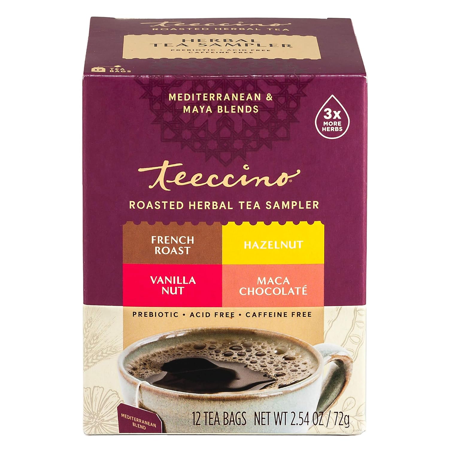 Teeccino Herbal Tea Sampler Assortment - 12 Tea Bags - Maca Chocolaté, French Roast, Hazelnut, Vanilla Nut - Roasted Caffeine Free Herbal Tea, Prebiotic for Natural Energy - Image 6