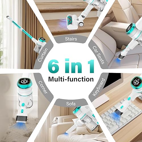 Miniatura 5 de Tikom V500 - Aspiradora inalámbrica para el hogar, 40000 Pa450 W con pantalla táctil LED, base de pared de carga, antienredos, aspiradora de mano