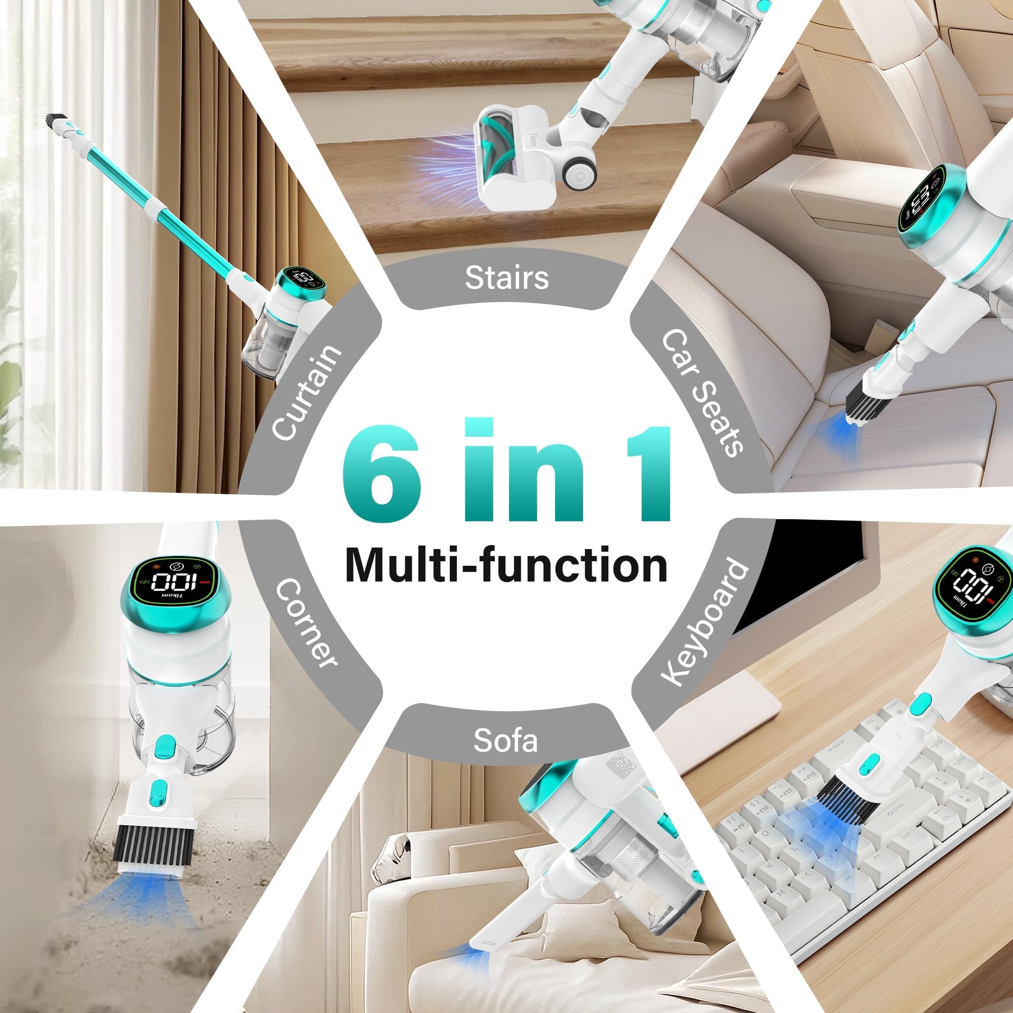 Tikom V500 Cordless Vacuum Cleaner for Home, 40000Pa/450W Stick Vacuum with LED Touch Screen, Charging Wall Dock, Anti-Tangle view 5