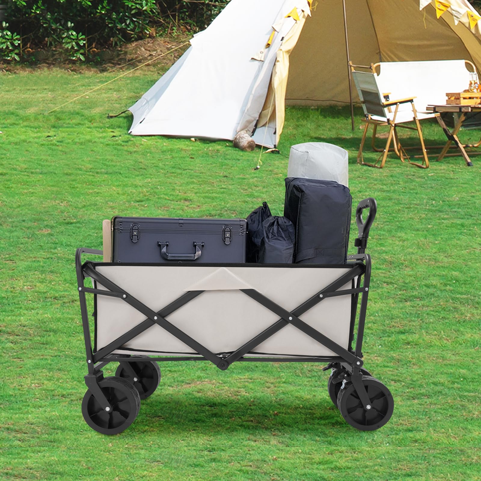 Chariot De Plage Chariot Transport Pliable Hauteur De Poignée Réglable avec roulettes Charrette à Bras,pour Extérieur, Plage, Jardin, Camping (Kaki)