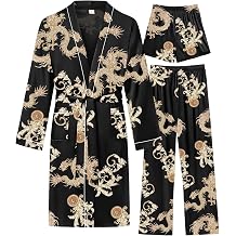 SWOMOG Mens 3 PCS Satin Robe with Pants & Shorts Set Kimono Bathrobe Long Sleeve Sleepwear Pjs Sets with Pockets