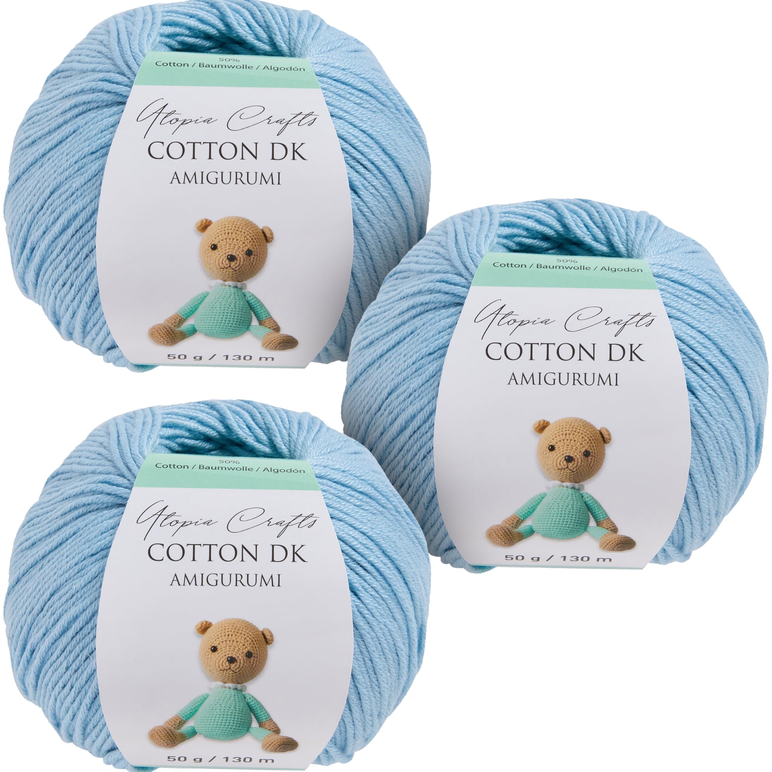 Utopia Crafts Amigurumi Cotton DK Yarn for Crochet and Knitting 50% Cotton, 50% Acrylic Blended, 3X 50g (Light Blue)