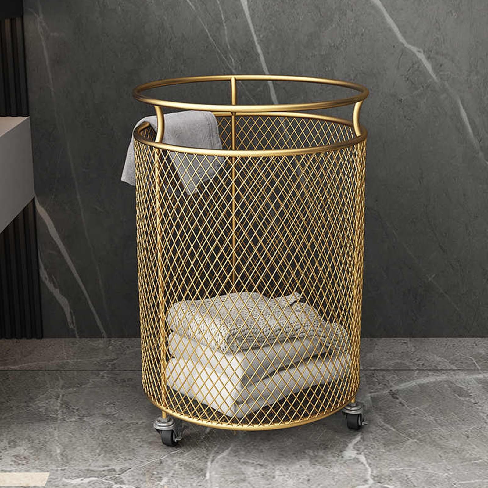 Carrello portabiancheria con rotelle, Cesto portabiancheria in Metallo, Contenitore per Vestiti, Cesto portabiancheria per Soggiorno, Bagno, Armadio o Camera da Letto (Oro)