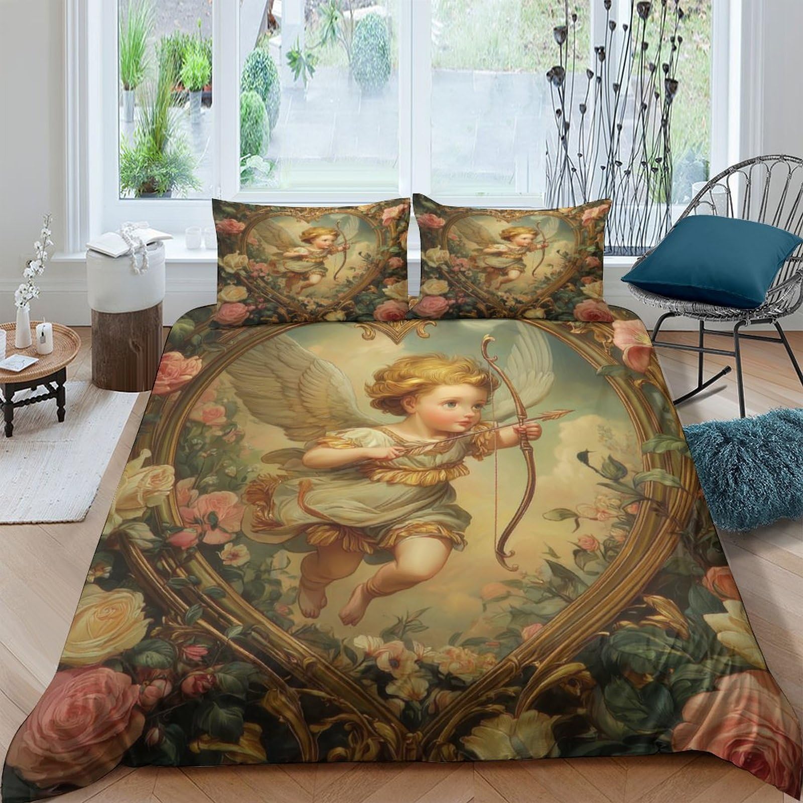 Ctjqhvkz Style-2 3D Printed Renaissance Angel Fitted Sheet Microfiber Soft Floral Baroque Bed Cover Bedroom Dorm Mattress Protector Single（135X200cm）