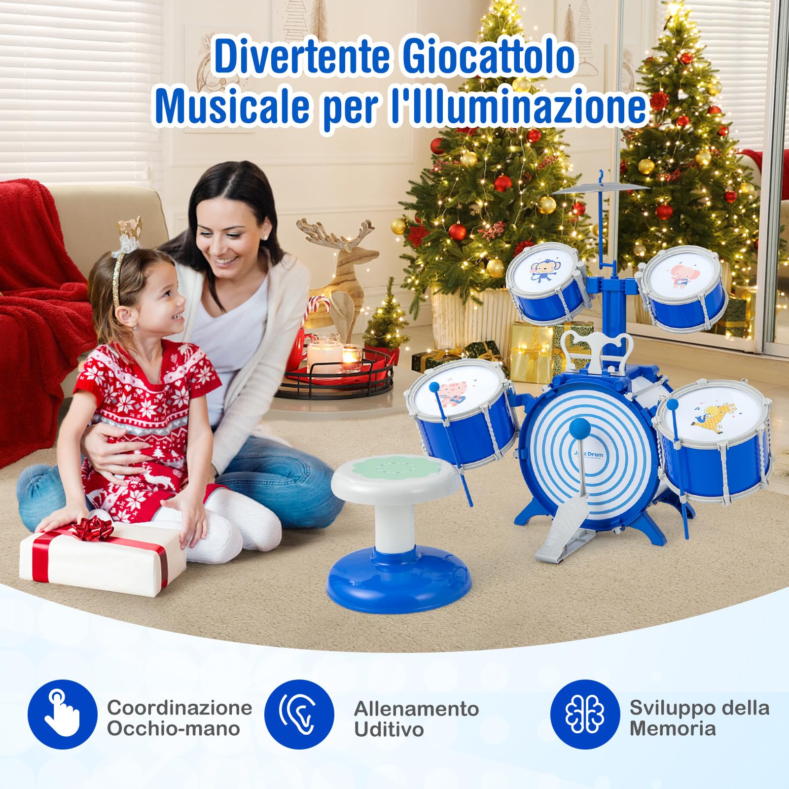 COSTWAY Set di Batteria per Bambini, Strumento Musicale a Percussione Educativo, Batteria Jazz con Sgabello, per Bambini 3+ Anni, Blu