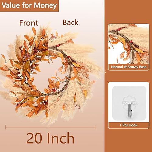Miniatura 2 de Corona de otoño para puerta delantera, corona de otoño de 20 pulgadas, corona de puerta delantera de otoño con ganchos para decoración de porche