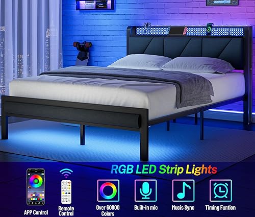 Miniatura 22 de Furnulem Base de cama matrimonial con luces LED, cabecero con estación de carga y puerto USB, plataforma tapizada, soporte de metal, no necesita