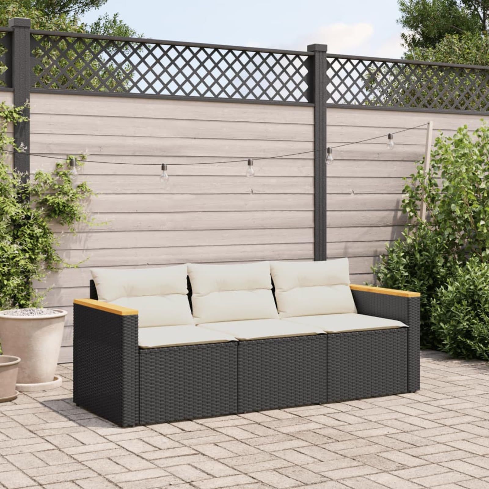 Divano da Giardino a 3 Posti con Cuscini Nero in Polyrattan,Divano Giardino,Divano Giardino Esterno,Divano Giardino per Esterno-365829