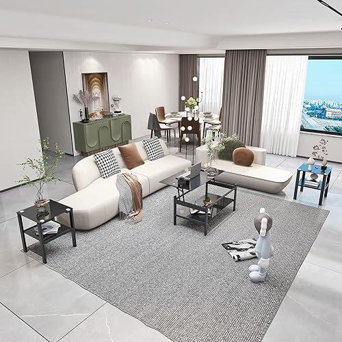 Miniatura 10 de Juego de 3 mesas de centro de cristal negro, juego de 3 piezas, mesa de centro de cristal negro y mesa auxiliar, patas de metal, vidrio templado