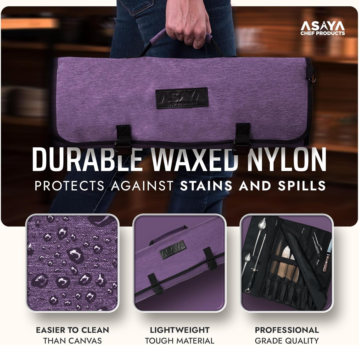 Asaya Waxed Nylon Chef Knife Roll Bag with 20 Slots and Zippered Pockets - Professional Chef Knife Bag & Storage Case, Tool Carrier with Shoulder Strap - Knives Not Included (Purple)