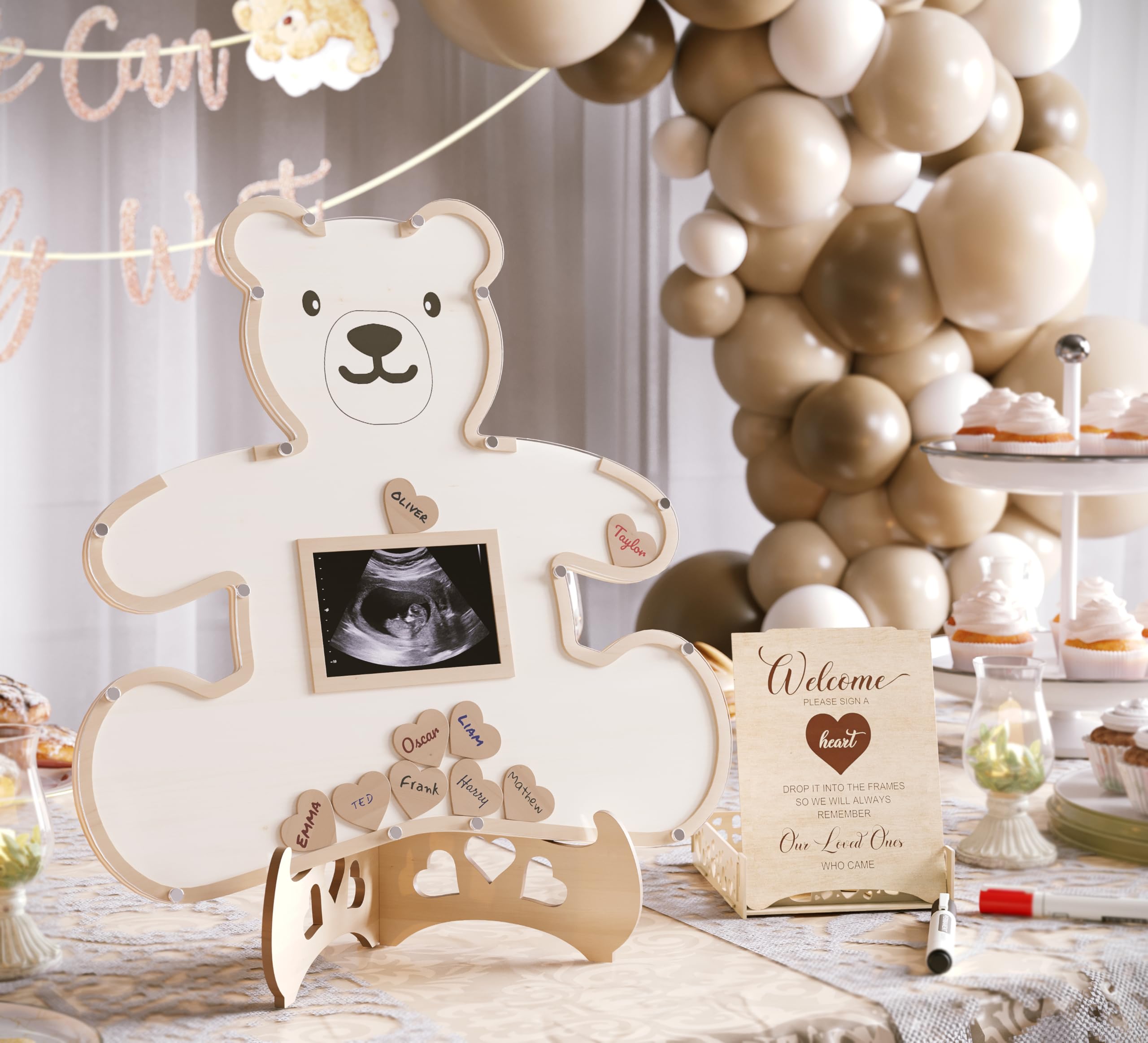 The Real Bossy Baby - Teddy Bear Baby Shower Decorations - We Can Bearly Wait - Guest Book Alternatives - Woodland Creatures - Includes Wooden Heart Tokens and Box - Centerpiece - Nursery Ultrasound Photo Frame (White)