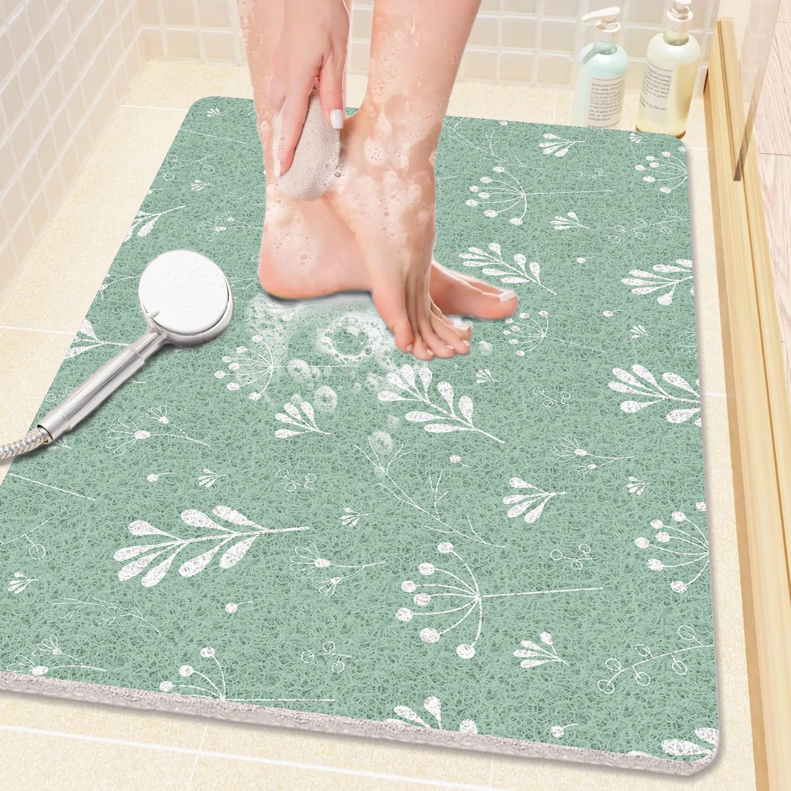 Tapis de bain antidérapant extra long pour l'intérieur, en luffa en PVC souple avec drainage, séchage rapide pour zone humide, sans ventouse, vert et blanc, 100 x 100 cm
