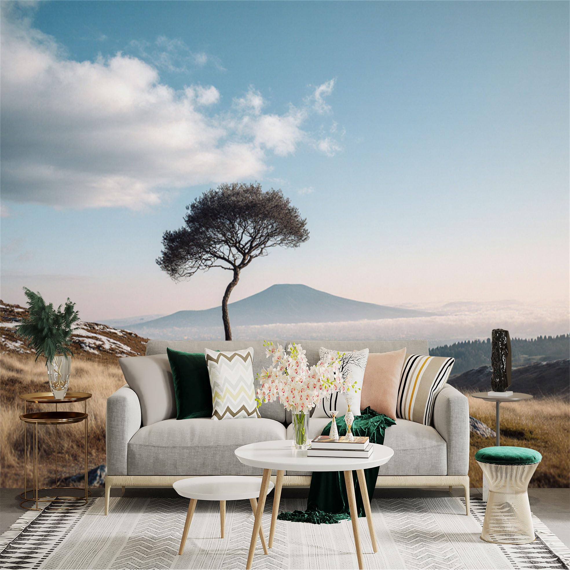Lnzczhyre Xc260505848 Custom Size Wall Sticker Mural， Solitary Tree On Hillside， Majestic Mountain View， Golden Meadow Landscape， Peaceful Nature Scenery， For Wall Decoration， Peelandstick Wall Decals.