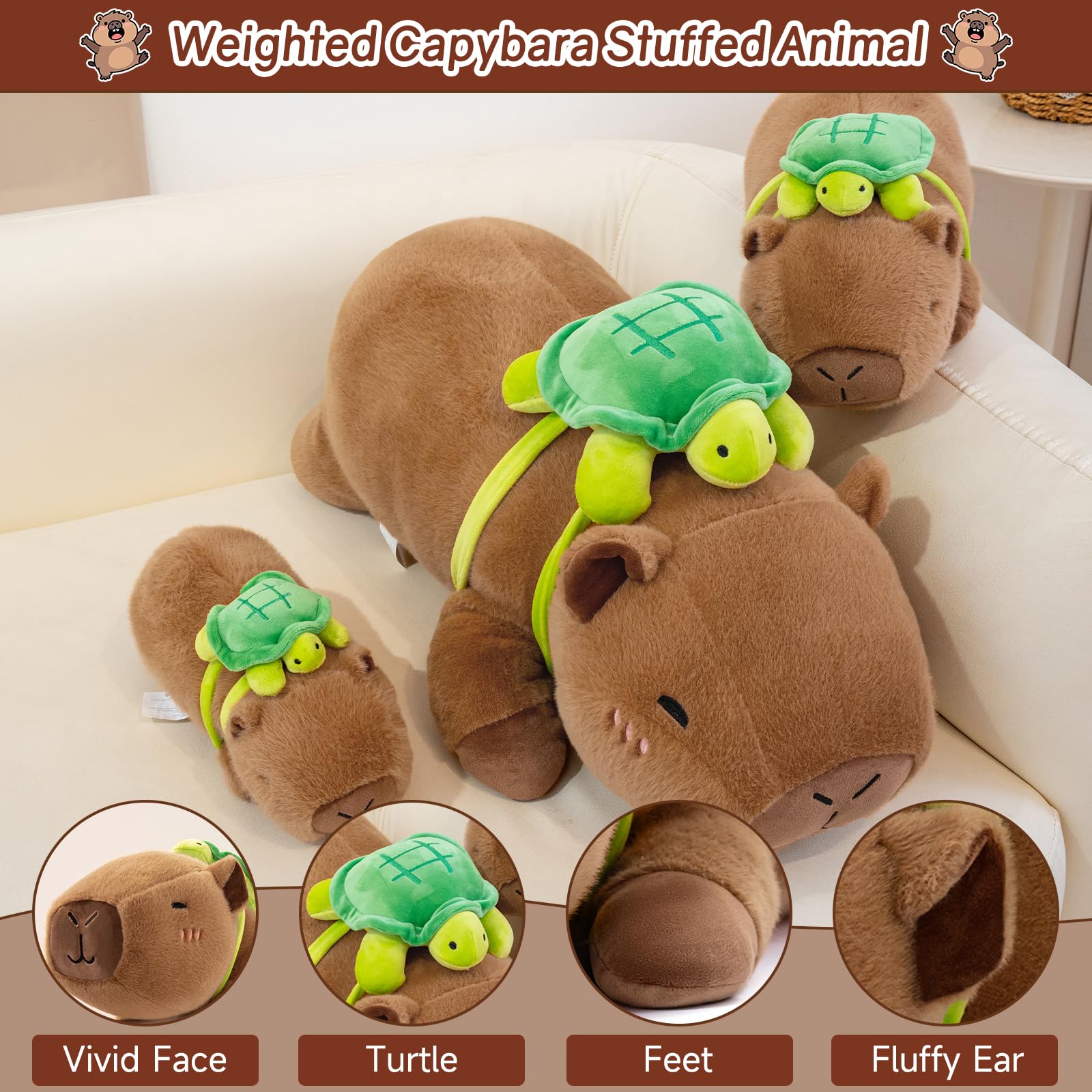 SQEQE Gewichtetes Capybara Kuscheltier, Weiches Wasserschwein Plüschtier Kuscheltierkissen mit Gewicht, Cute Plüschtiere für Kinder und Erwachsene 35CM - 3