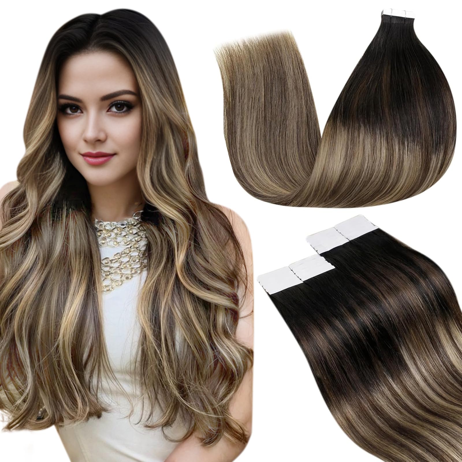 LaaVoo Tape in Hair Extensions Human Hair Blonde Tape Hair Extensions Real Human Hair Invisible Tapes Remy Straight Balayage Brown to Blonde Hair Double Sided Tabs 20pcs 50g 18 Inch #8/18/60 — view 17