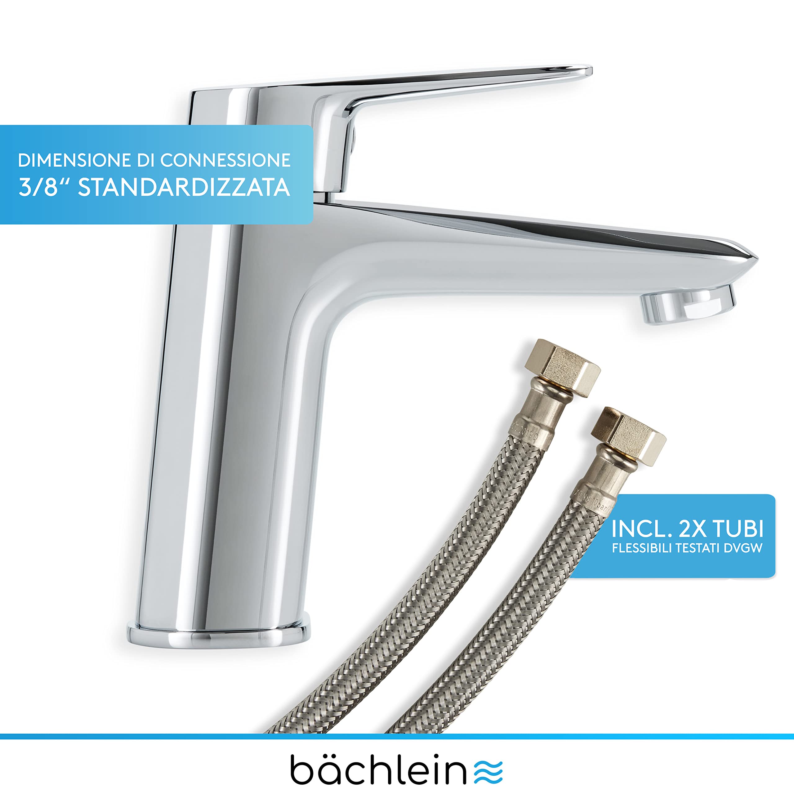 Bächlein Rubinetto per il Bagno dal Look Classico, Miscelatore Monocomando con Cartuccia in Ceramica di Lunga Durata, 2 Tubi di Collegamento e Chiave di Montaggio, Rubinetto da Bagno Cromato
