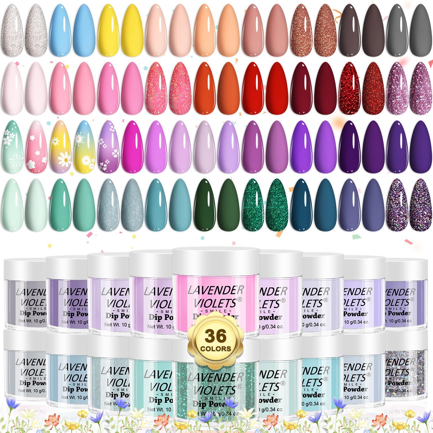 Lavender Violets 36 Colors Dip Powder Nail Kit Starter Quick Drying Dipping Powder Color Set for Home Salon Nail Art Designs M951