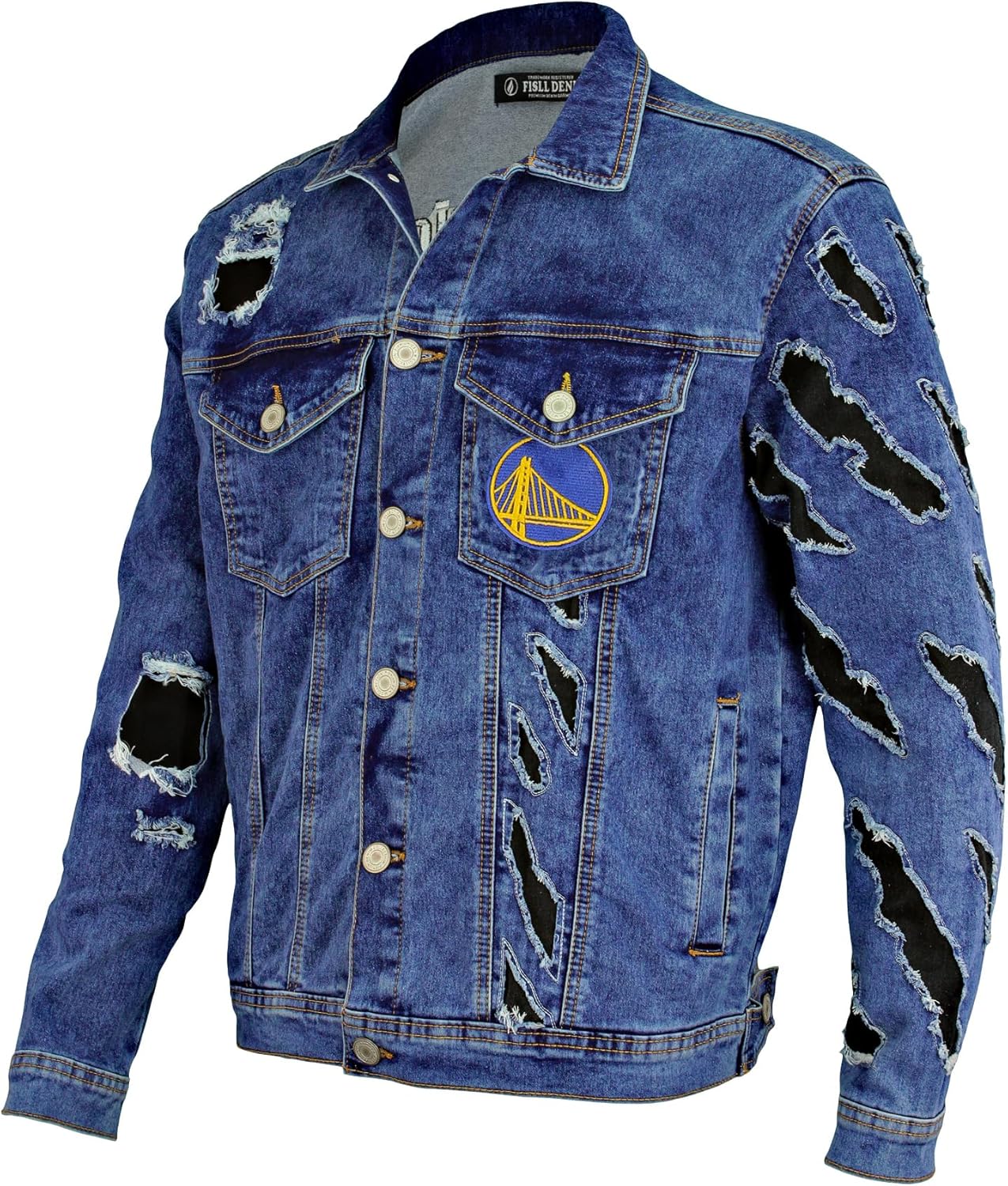 FISLL NBA Men's Ice Denim Jacket with Distressed Animal Claw Marks