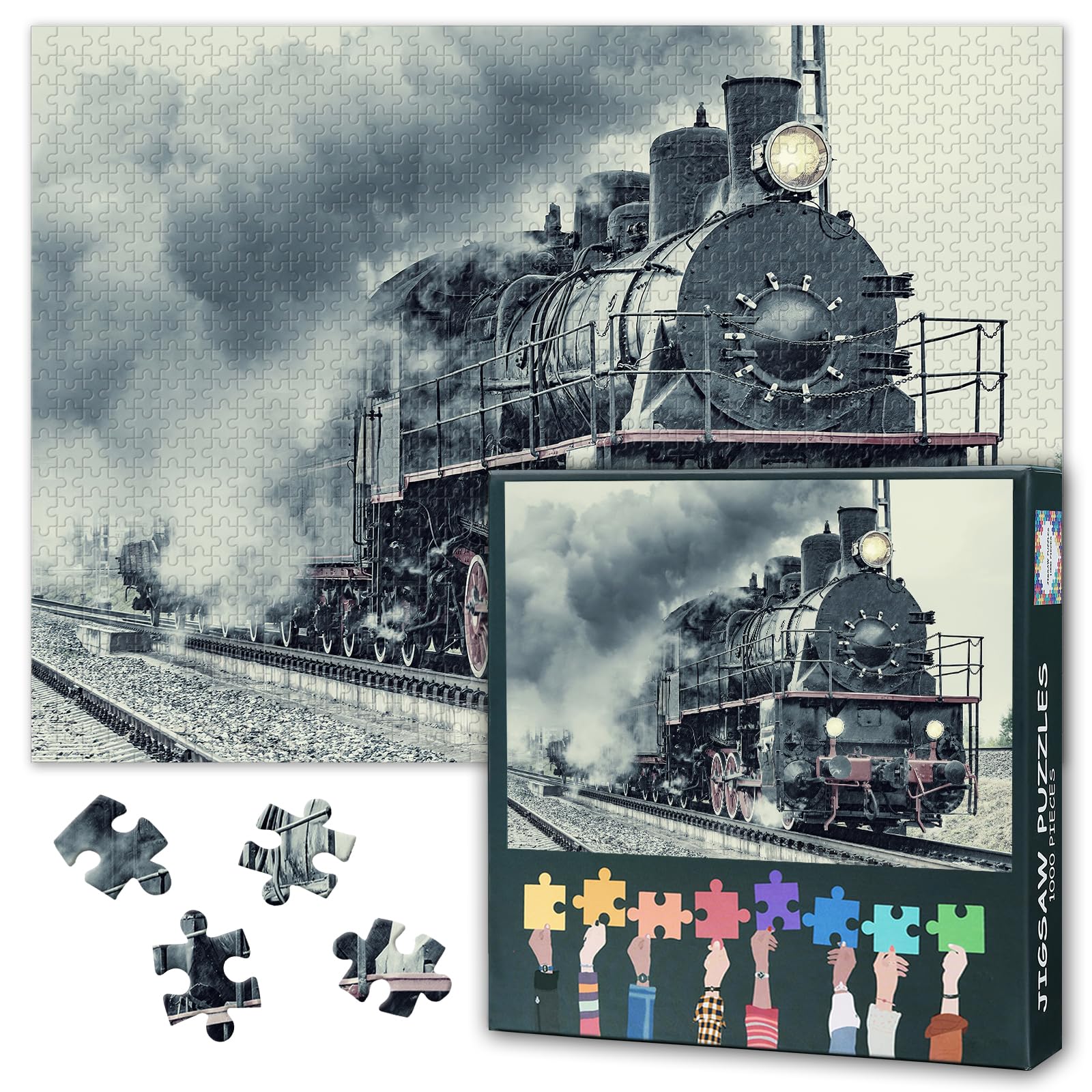 1000 Piece Jigsaw Puzzle for Adults Black and White Retro Freight Train Art HD Print Style Monochrome Wall Decor Challenging Puzzle for Home Office or Game Night 27.5x19.7 Inch
