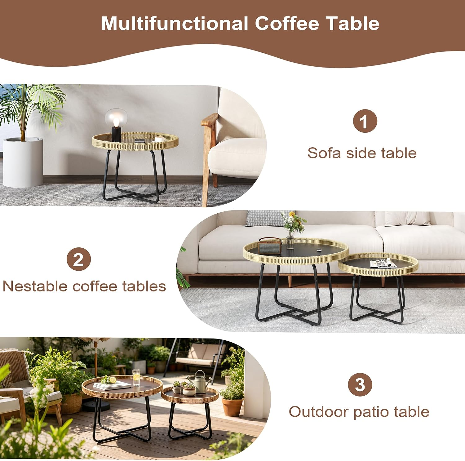 Round Nesting Coffee Table Set of 2, 27.6"+19.7" Nesting Side Tables with Woven Edge and Metal Frame, Modern Circle End Tables for Living Room Bedroom Office Balcony Yard Patio Indoor Outdoor