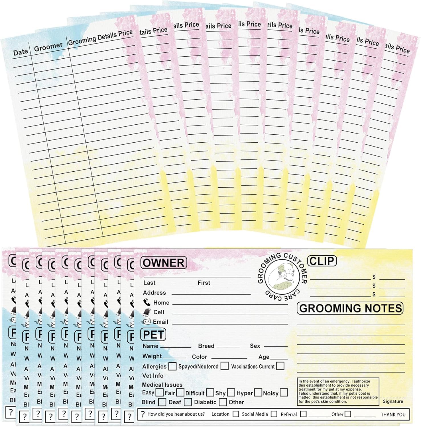Cat Dog Pet Grooming Information Cards 8x5 inch Groomer Client Profile Service Record Clip Card Business Data Client Page Cards for Professional Pet Groomers, Kennel Care 50 Pack (Yellow)