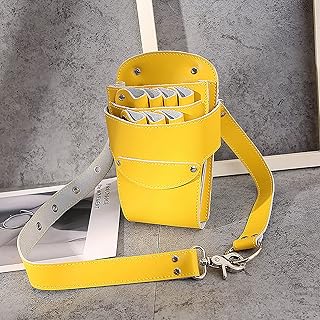 シザーケース 本革 ７丁シザーバッグ 本革ベルト付き ハサミ 美容師 理容師 トリマー用 カミソリ、ヘアピン、化粧ブラシを維持するためのウエストショルダーベルトプロのヘアスタイリストサロン理髪ツールキットと本革理髪レザーホルスターポーチホルダーケース理容シザーバッグ (Yellow)