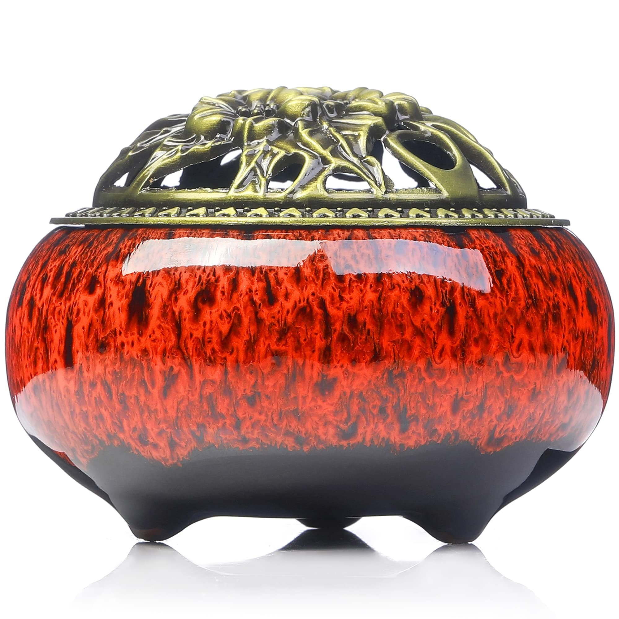 Keramischer Räuchergefäß mit Räucherstäbchenhalter + Isolierung für Räucherstäbchen oder Räucherspiralen, Salbeikegel und Weihrauch (Neue Ofenwechselglasur orange)