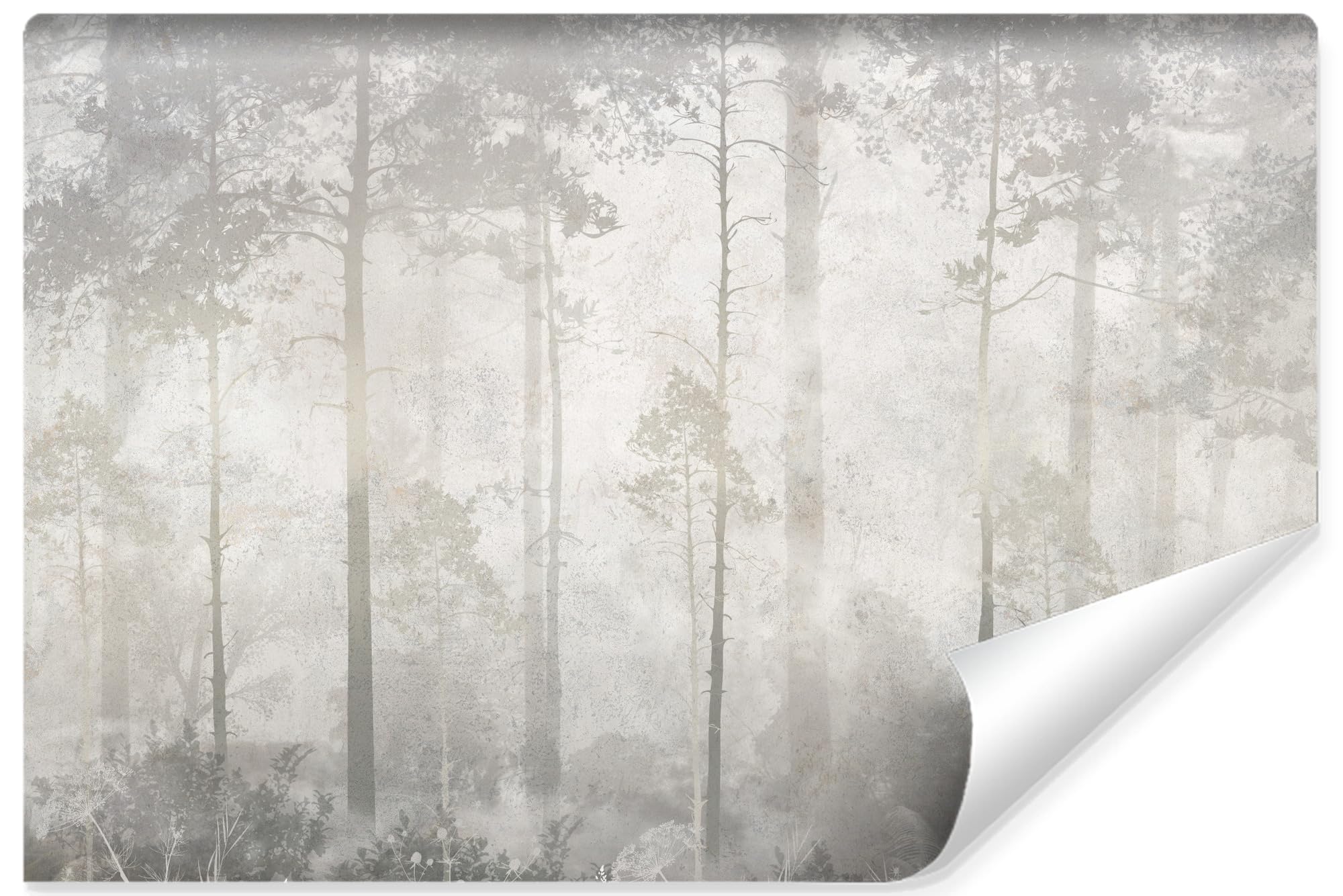 Papier peint photo autocollant effet 3D pour agrandir un salon avec un mur forêt