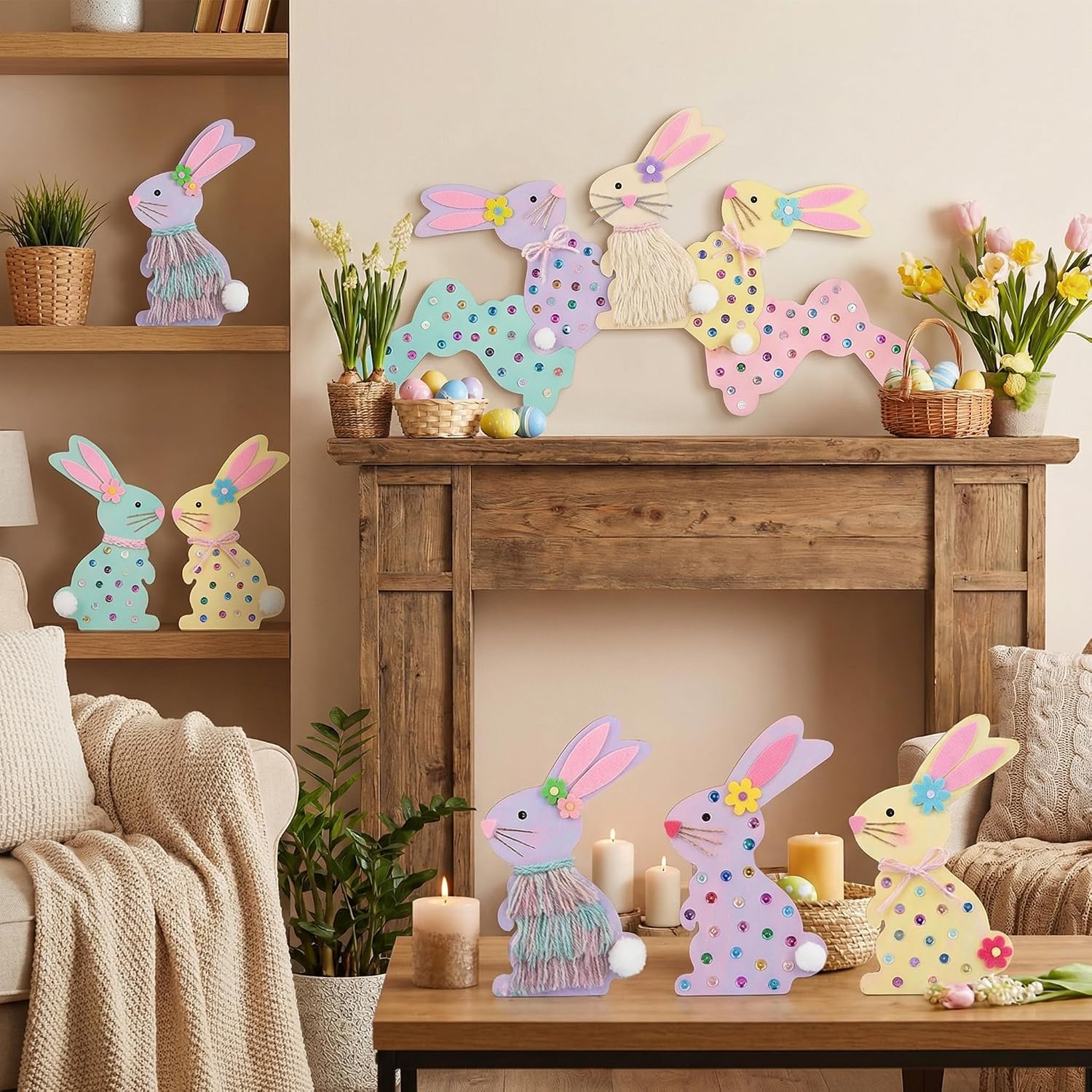 Housoutil 10PCS Easter Bunny Wooden Cutouts for Crafts, 8.85 Inch Unfinished Wood Rabbit Slices, Blank Bunny-Shaped Wooden Chips Ornament for DIY Painting Spring Decor Party Supplies