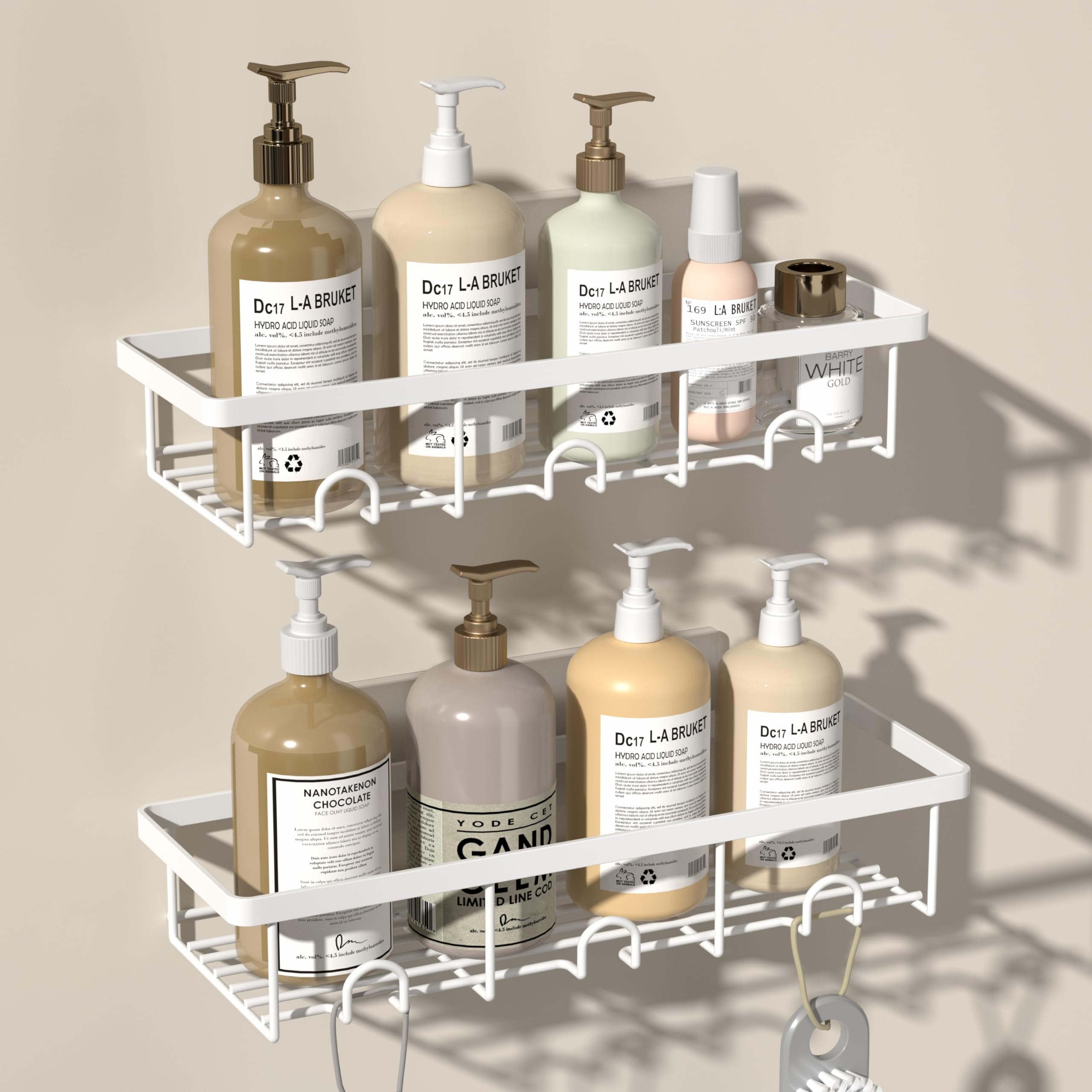 White Shower Caddy Organizer, 2 Pack Adhesive Shampoo Holder Basket Shelves for Storage and Organization, Wall Suction Bath Bathtub Rack Set for RV Camper, Bathroom Restroom Decor and Accessories