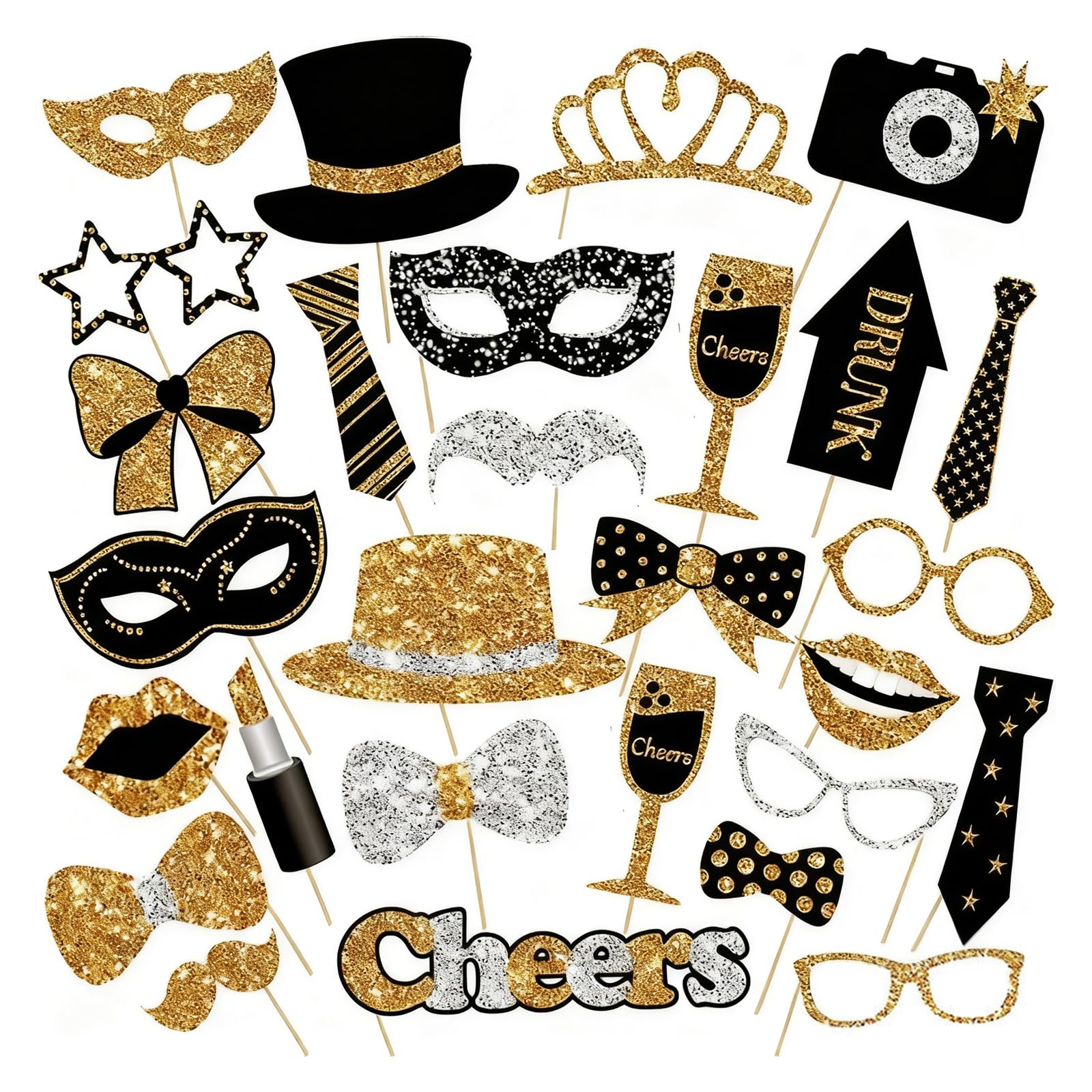 Ceoxthao Black, Gold 30Pcs Black And Gold Photo Booth Props Kit, Photo Booth Props, Black And Gold Party Decorations, Fun Party Accessories With Moustaches, Lipsticks, Ties, And Glasses, For Birthday, Wedding Celebrations