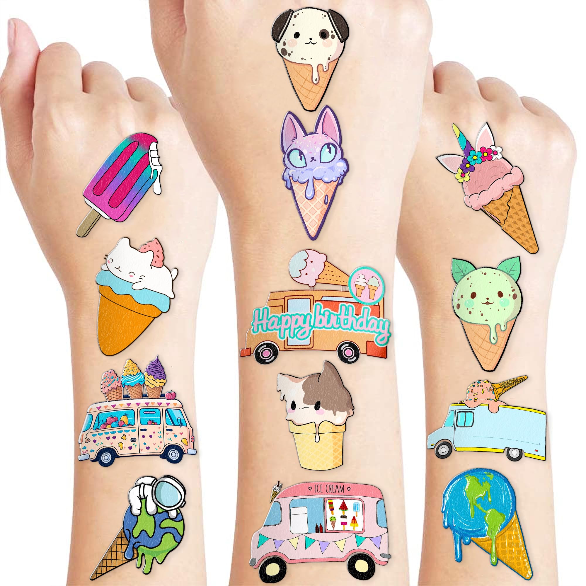 Ice Cream Temporary Tattoos 10 Sheets 120 PCS Ice Cream Cone Party Decorations Favors Supplies Sweet Theme Birthday Cute Stickers Christmas Gifts for