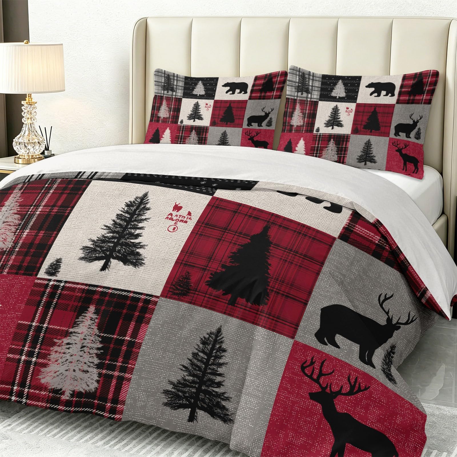 King American Country zestaw pościeli z poszewkami na poduszki, ultrasoftowa mikrofibra, luksusowa, nie wymaga prasowania, z zamkiem błyskawicznym, bożonarodzeniowa, patchworkowa, tartan