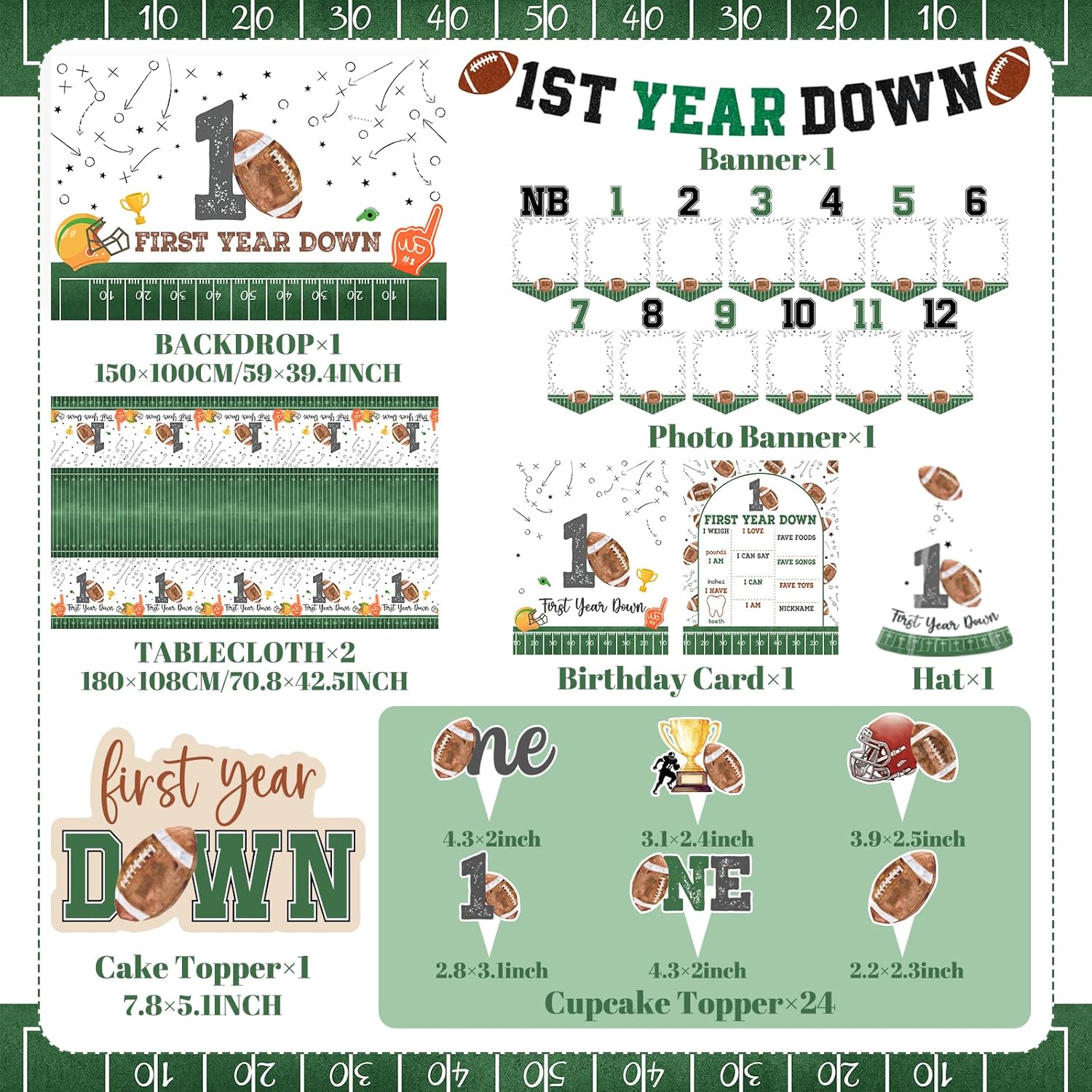 First Year Down Birthday Party Decorations, All-in-1 Football First Birthday Decorations with Balloon Arch Kit Photo Banner Highchair Banner One Boxes Plates Napkins Cake Toppers Tablecloths Backdrop