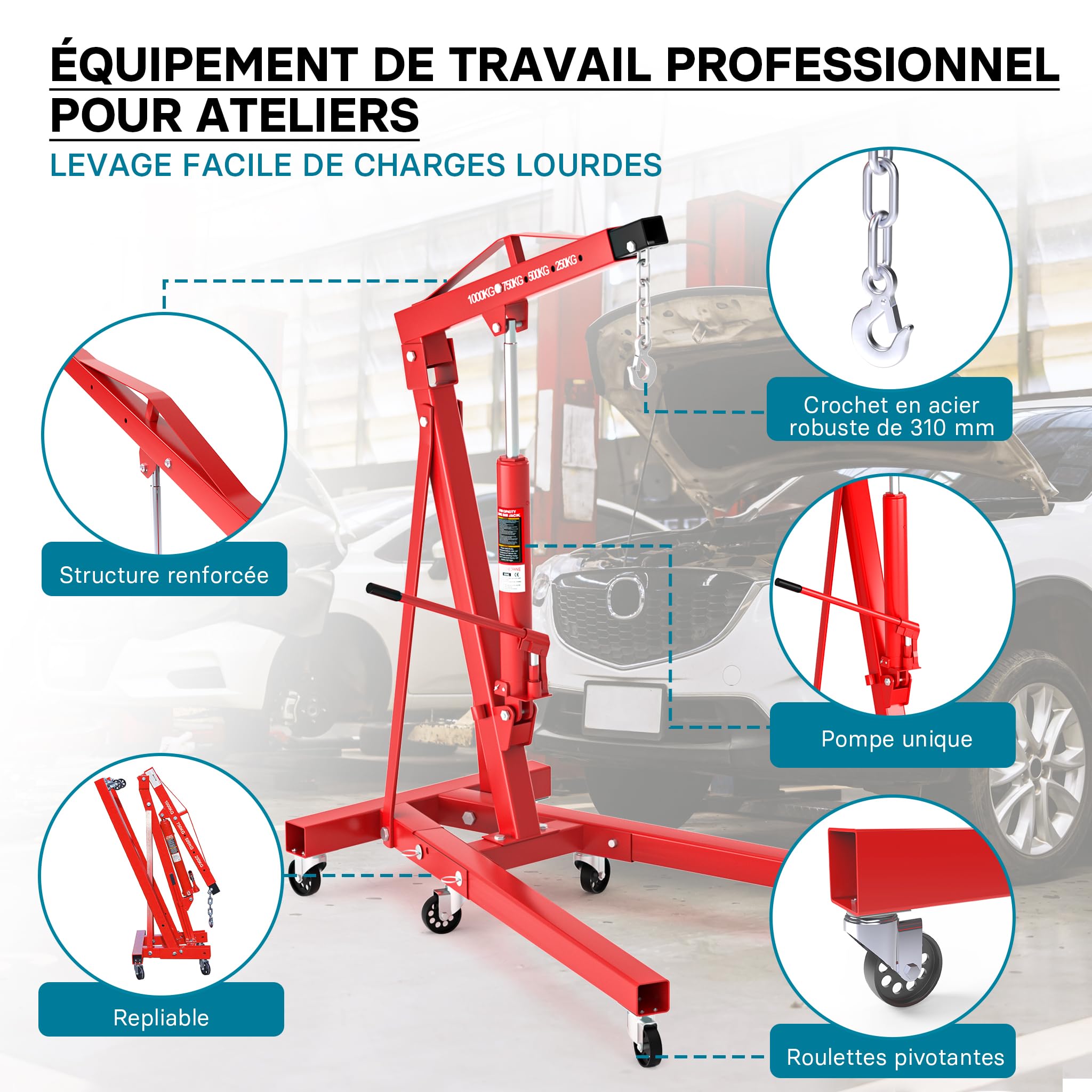 Wiltec Grue d’Atelier – Capacité Max. 1000 kg – Hauteur Max. 1840 mm – Bras Levage 857-1133 mm – Chèvre d’Atelier en Acier – Lève-Moteur Hydraulique Pompe Double Dispositif de Levage