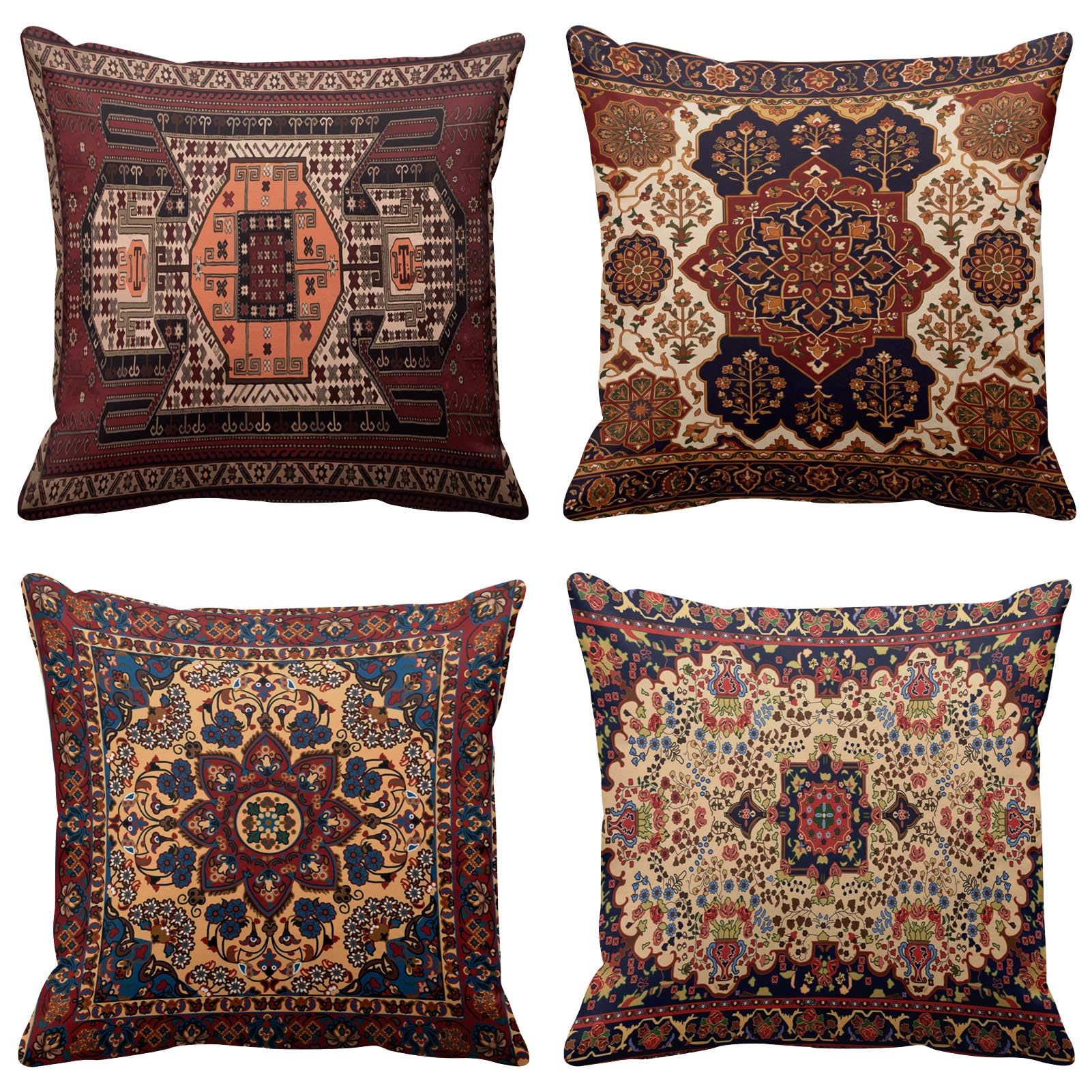 Set of 4 Throw Pillow Covers Tribal Abstract Dark Red and Yellow Vintage Carpet Pattern Decorative Pillow Cases Home Decor Standard Square 18x18 Inches Pillowcases