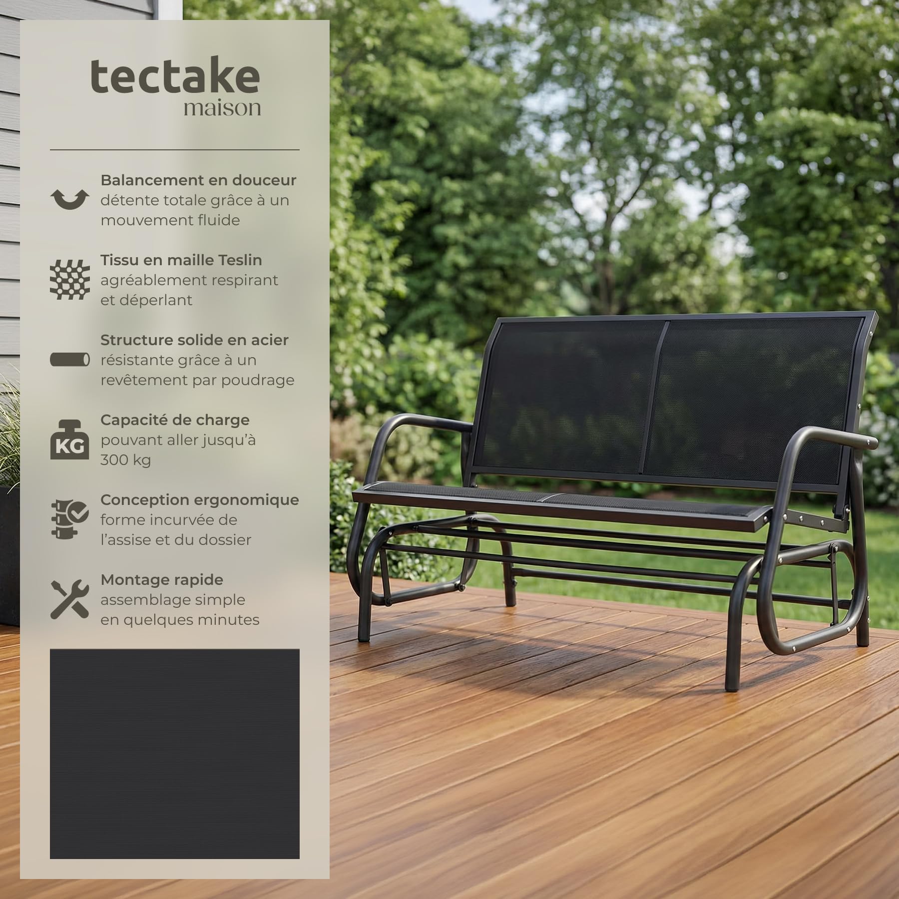 tectake® Banc de Jardin à Bascule 2 Places Solide en Acier lâqué époxy Noir, Balancelle Banquette de Jardin Résistant aux intempéries, Mobilier Amenagement Balcon Terrasse Veranda Pergola