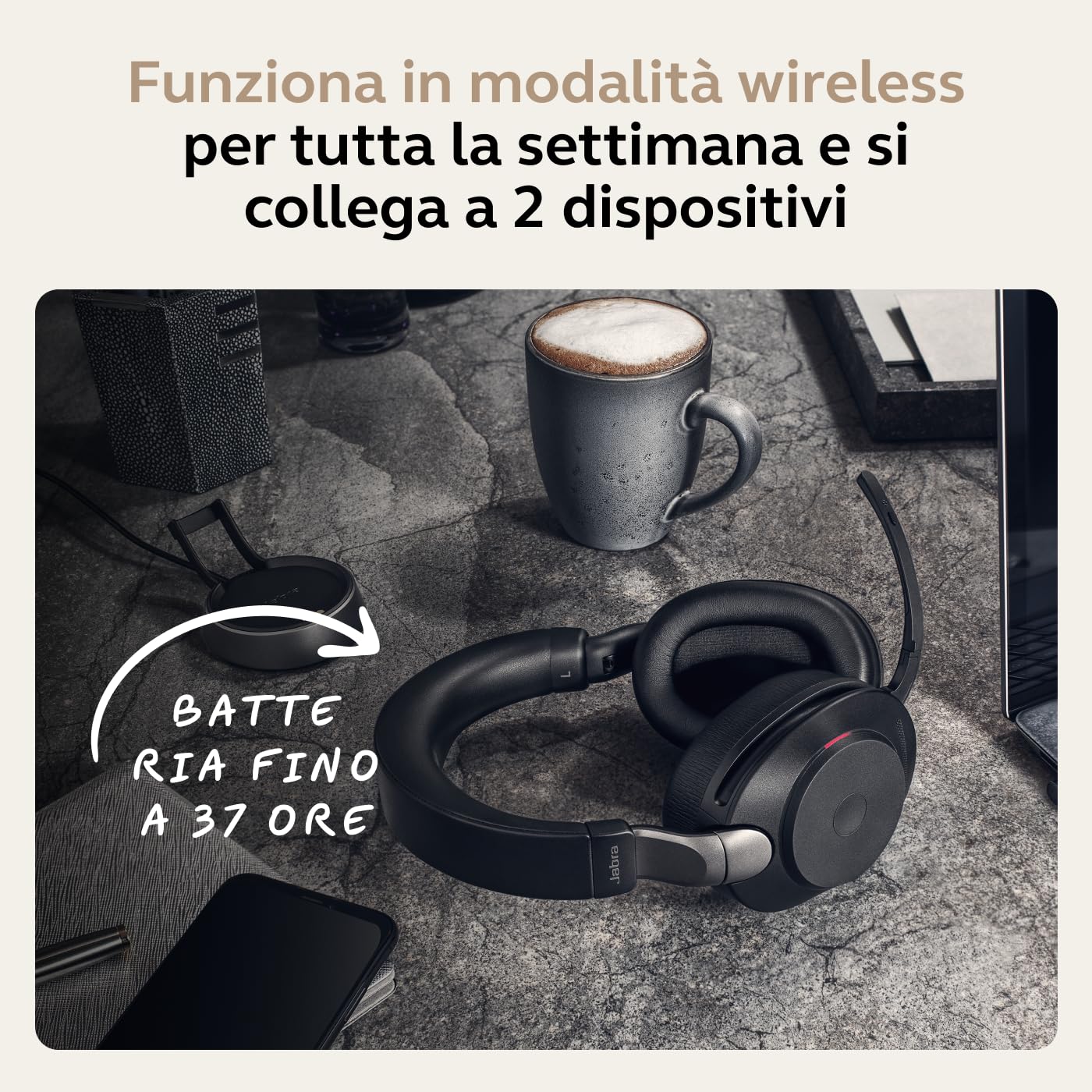 Jabra Evolve2 85 Wireless PC Headset with Charging Stand– Noise Cancelling UC Certified Stereo Headphones With Long-Lasting Battery, Tutte le piattaforme, Nero, Supporto incluso