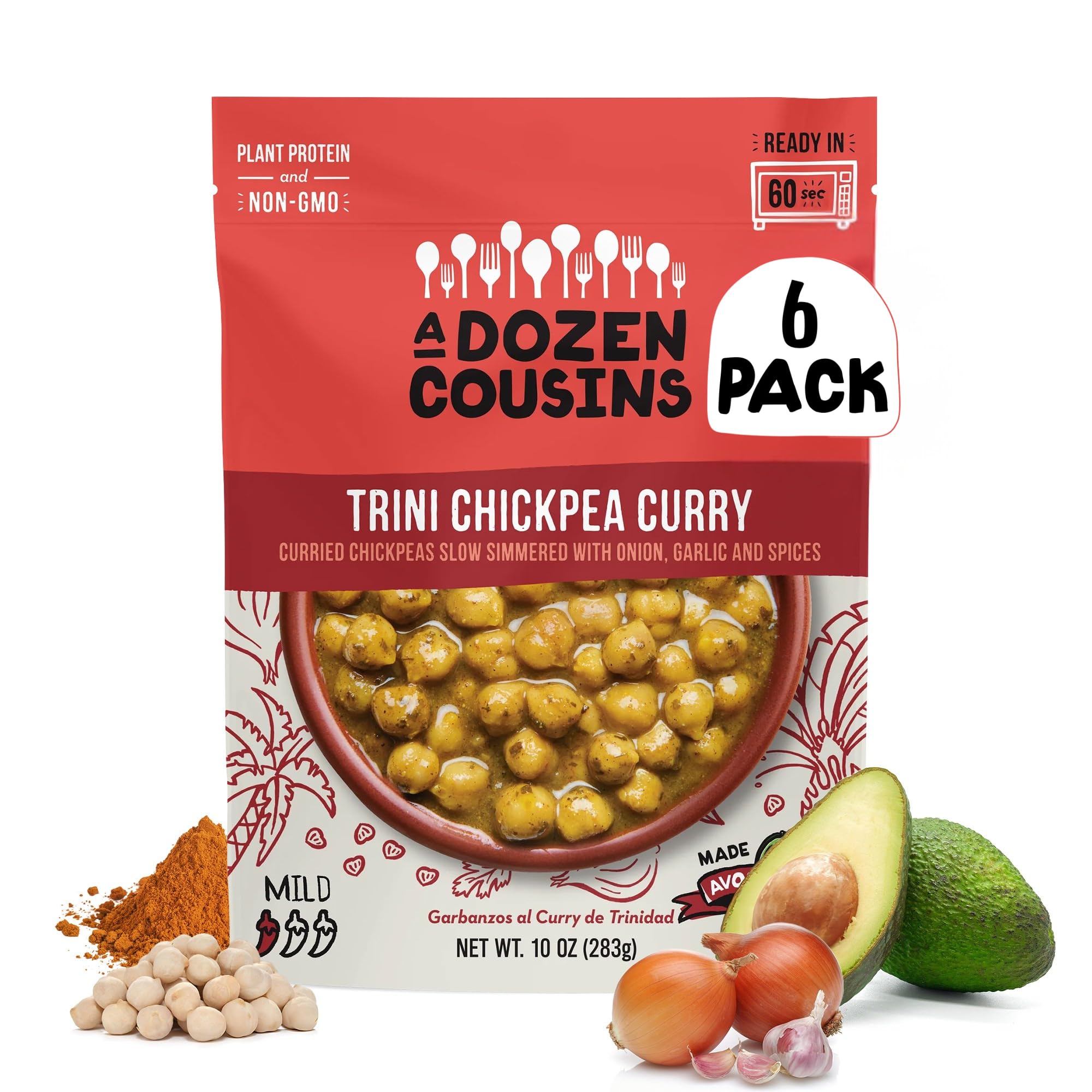 A Dozen Cousins Trini Chickpea Curry Beans (6-Pack) Prepared Food Pouch, Ready to Eat Meal in Seasoned Avocado Oil, Premade Microwave Meal, Instant Chickpea Curry, Gluten Free, Plant Protein & Fiber
