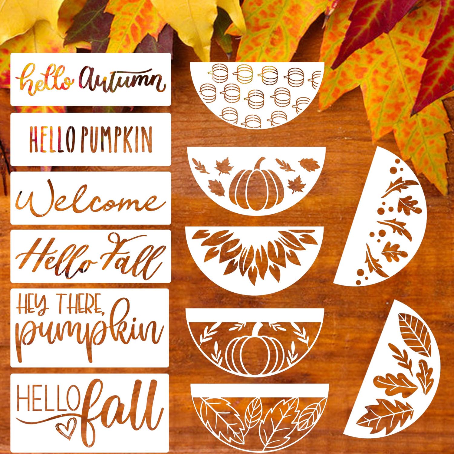 Fall Stencils for Painting on Wood Pumpkin Stencil Fall Leaves Maple Stencil Half Round Hello Autumn Drawing Templates for Door Porch Hanger Fall
