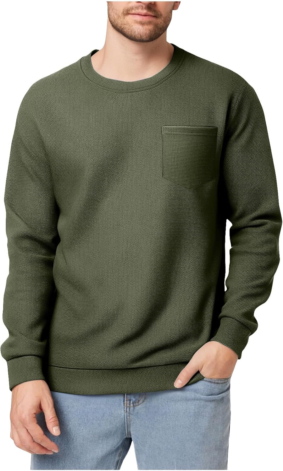 Mens Crewneck Pullover Sweatshirt with Chest Pocket Casual Waffle Long Sleeve Knitted Sweaters Solid Basic Shirt - Image 2