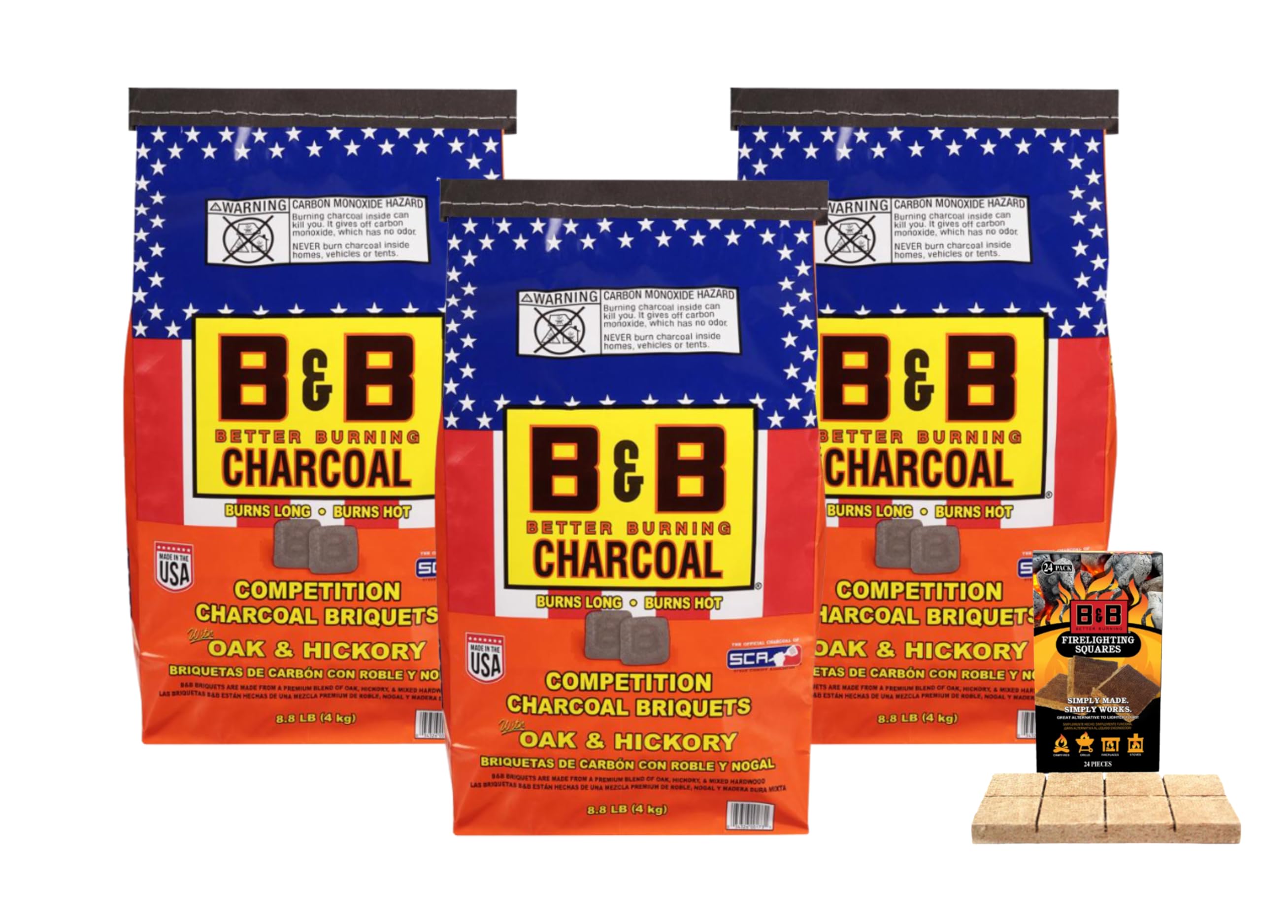 B&B Charcoal 8.8lb Briquets Competition Oak & Hickory with 24 Firelighting Squares (3 Pack + 24 Pack Firelight Squares)