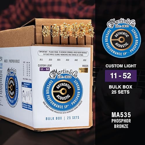 Miniatura 3 de Martin Auténticas cuerdas de guitarra acústica, luz personalizada de rendimiento superior 11-52, bronce fósforo 92/8, 25 juegos