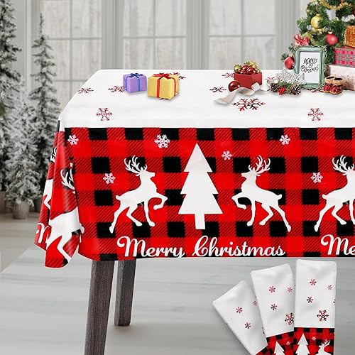 KatchOn, Mantel navideño de reno a cuadros, paquete de 3, 108 x 54 pulgadas, mantel de plástico navideño para mesas, manteles de vinilo de Navidad