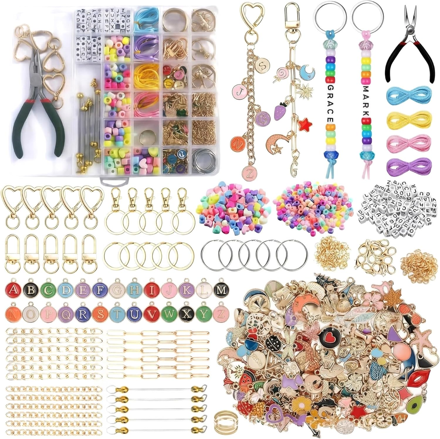 Imaginovelty 561Pcs Keychain Making Kit with Charms, DIY Bag Charm Kit, Includes Gold Plated Pendants, Letter Beads, Bohemian Beads, Pliers & Tools for Jewelry Making Supplies, Personalized Gifts