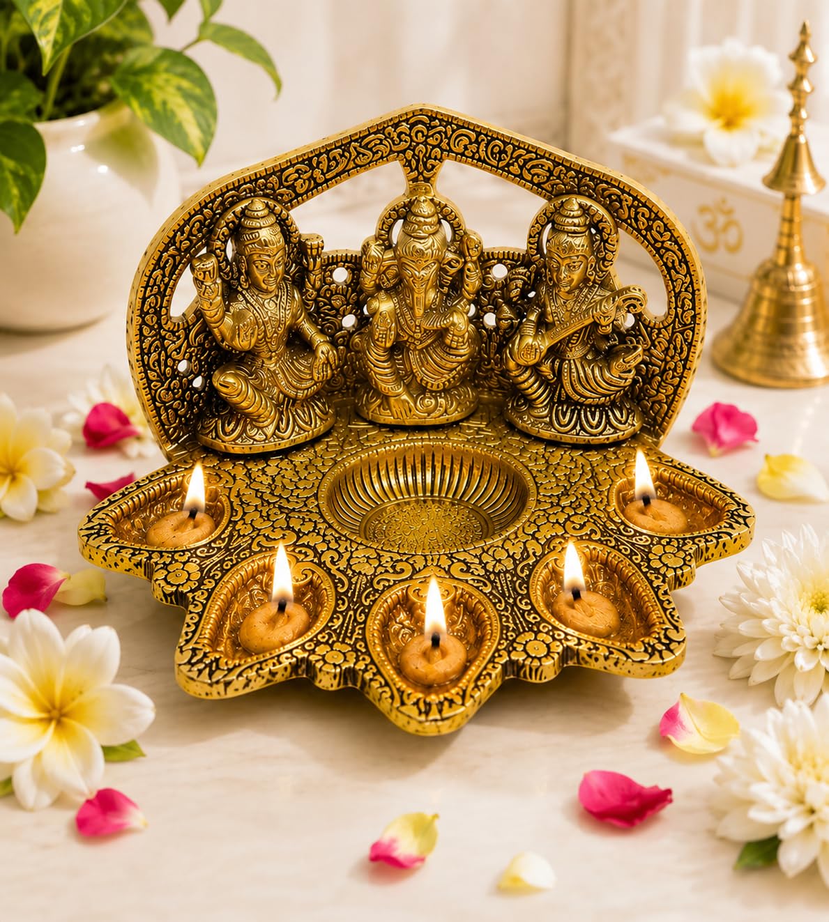 Lakshmi Ganesha Saraswati Diya Oil Lamp – Traditional Metal Idol with Decorative Deepak, Spiritual Puja Decor for Home Temple, Diwali Decoration, Festive Gift & Auspicious Worship Accent-image-9