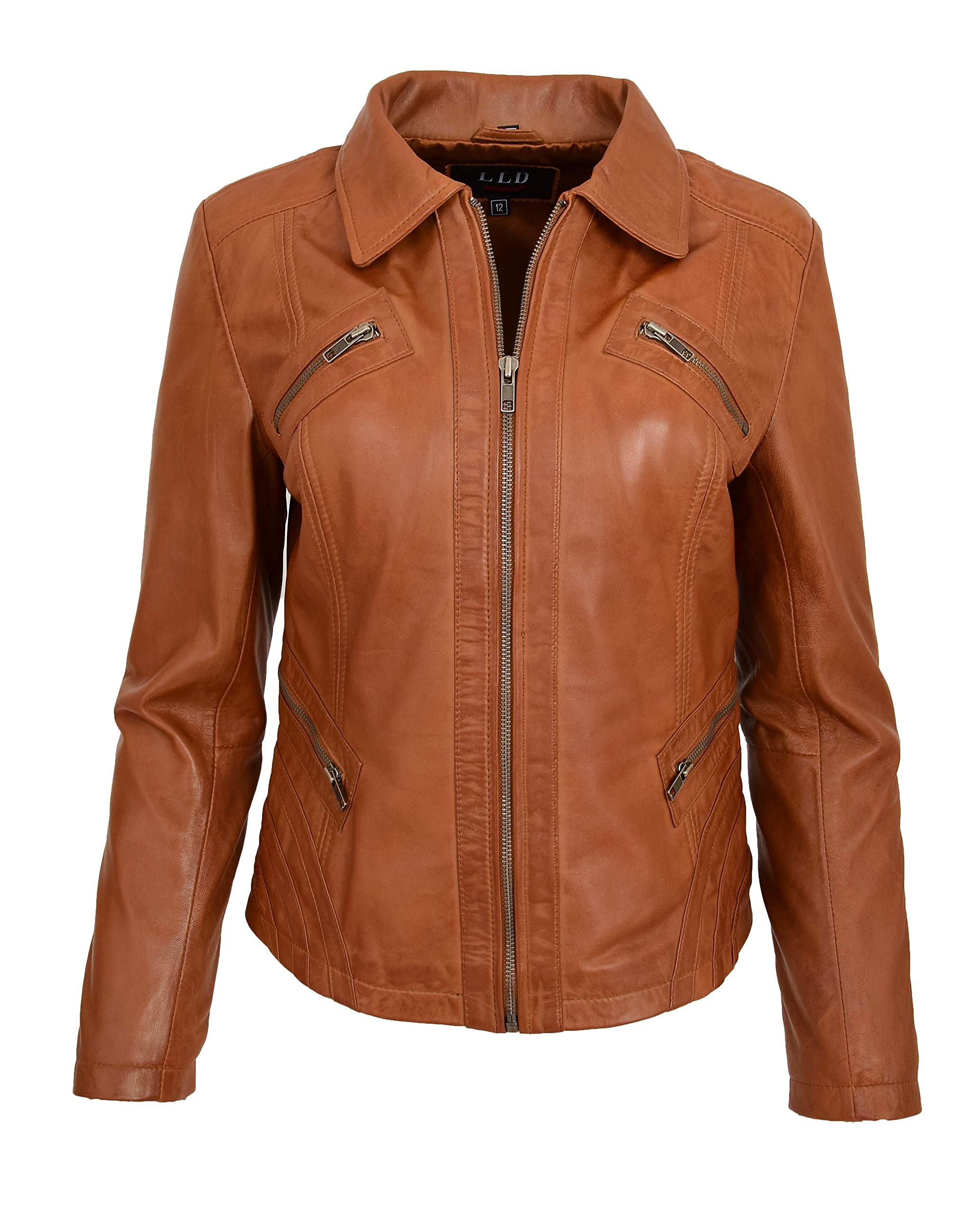 Womens Real Leather Jacket Classic Zip Fastening Slim Fit Style Nova (18, Tan)