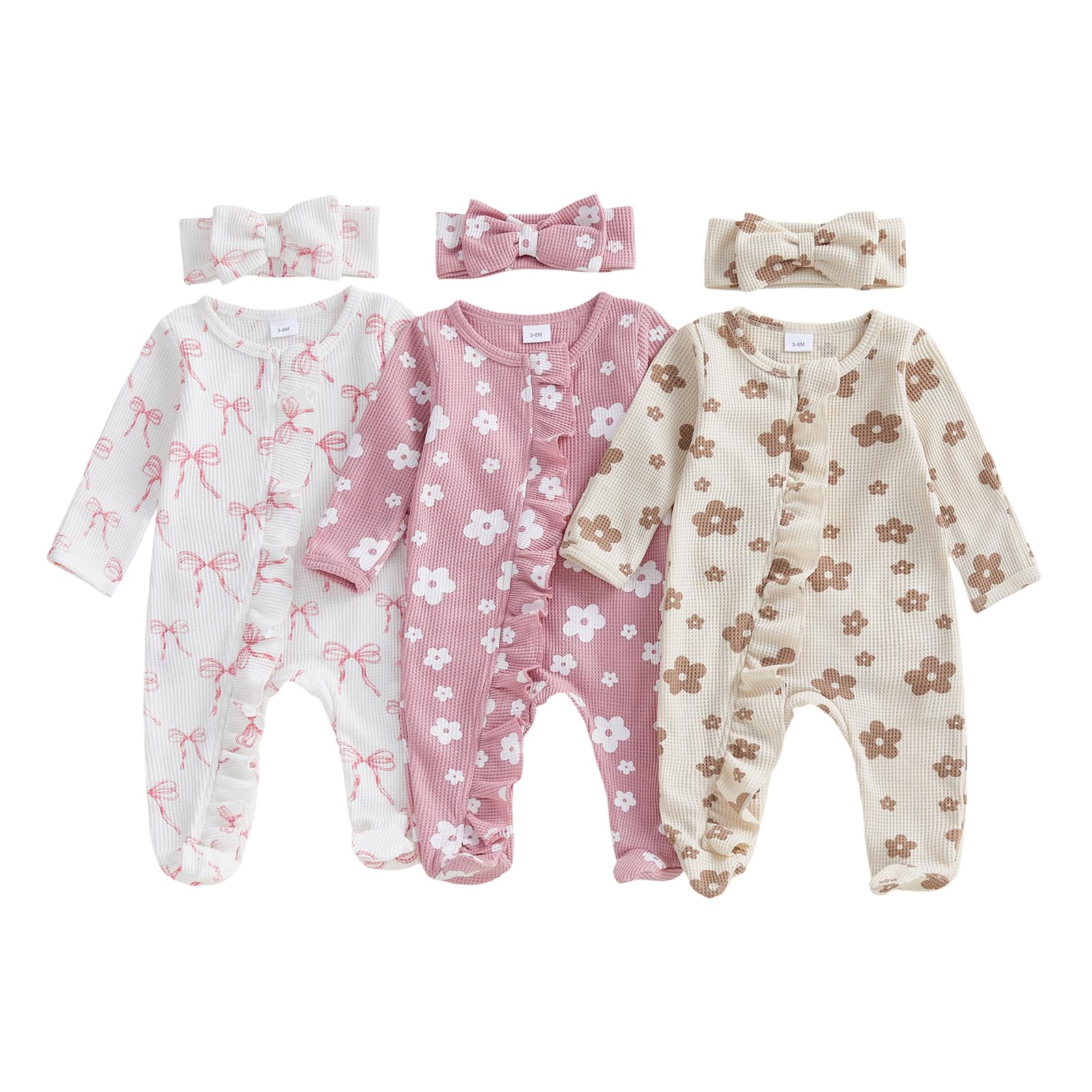 Newborn Baby Girl Clothes Bow Floral Footed Jumpsuit Ruffle Zipper Romper And Headband Cute 6pcs Coming Home Outfit