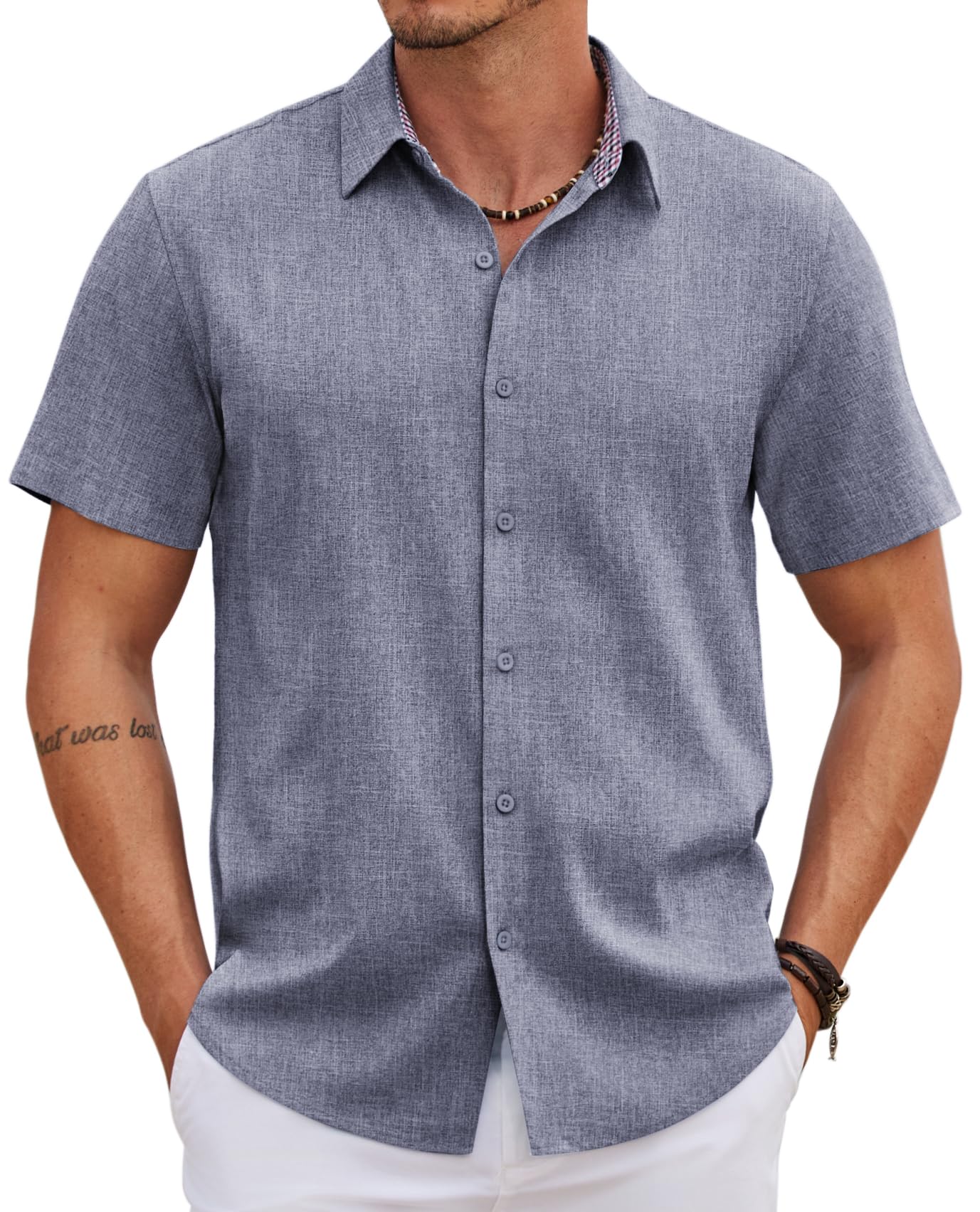 COOFANDY Mens Linen Shirt Casual Short Sleeve Button Down Shirts Summer Beach Vacation Tops
