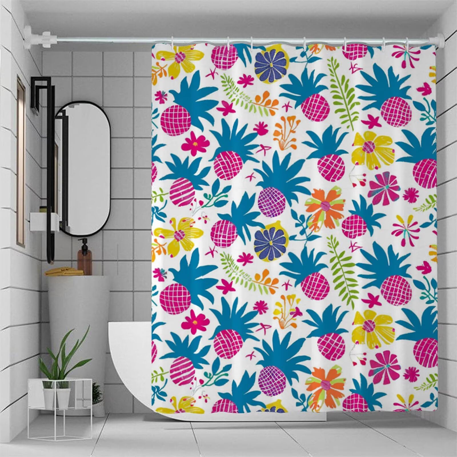 Rideaux de Douche 180x200cm Rose Rideau de Douche Ananas Shower Curtain, Long Étanche Polyester Rideaux, Lavable en Machine Ourlet Lesté avec 12 Crochets pour Décoratifs Baignoire Salle Bain W1-104
